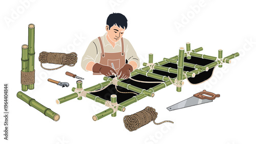 Crafting the Bamboo Bed: A skilled craftsman meticulously constructs a bamboo bed, utilizing natural materials, including bamboo stalks, rope, and essential tools.