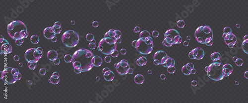 Vector seamless frame with realistic purple soap bubble with reflection isolated on transparent background. Flying png glass bubbles.