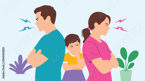 Worried child caught between fighting parents