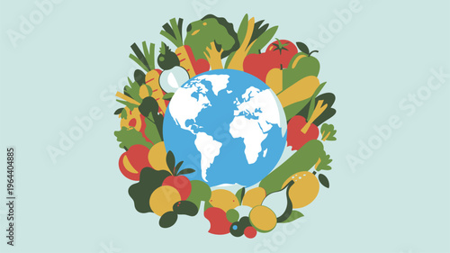 World globe fresh fruits vegetables healthy illustration