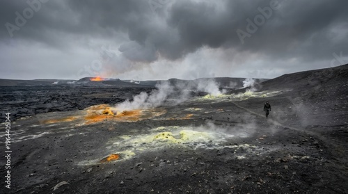 A post-eruption volcanic landscape in Iceland, the ground covered in a grey-black ash field interrupted by orange sulfur vents and pale lemon fumarole deposits, steam rising from multiple points, no