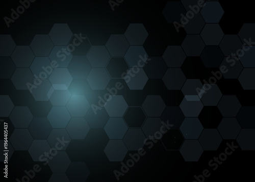 青い光が浮かび上がる六角形パターンの未来的デジタル背景｜テクノロジー・AI・ネットワークを表現したハイテク抽象デザイン