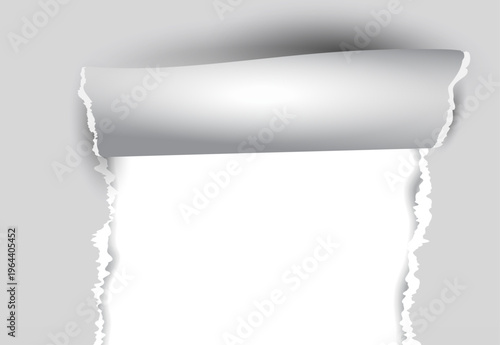 上下から破れた紙が空間を切り取る立体的な余白デザイン背景素材｜グレーのシンプルなコピースペース付きペーパーアート