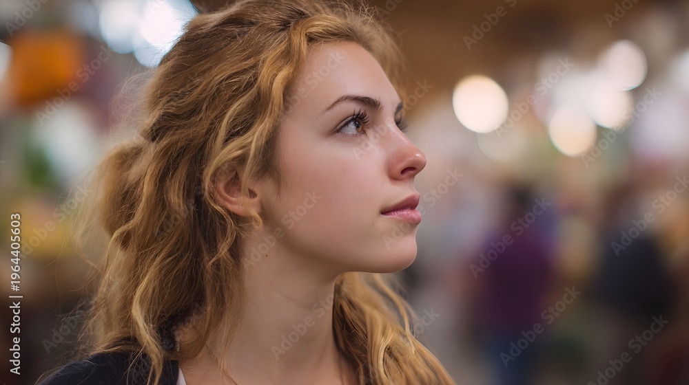 Obraz premium Young woman s thoughtful upward gaze in a softly lit indoor market