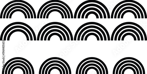Twelve Black Rainbow Arcs in Rows on White Background semicircle curve