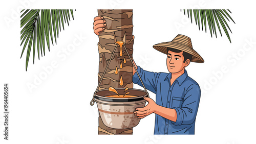 Harvesting Palm Nectar: An individual diligently collects palm nectar, a symbol of nature's bounty and the fruits of labor. The image captures the essence of a tranquil moment.