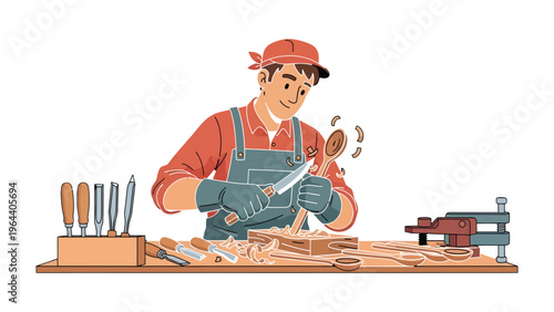 Artisan Wood Carver at Work: An artisan meticulously carves a wooden spoon with precision and passion, his focus unwavering as he shapes the wood into a functional work of art.