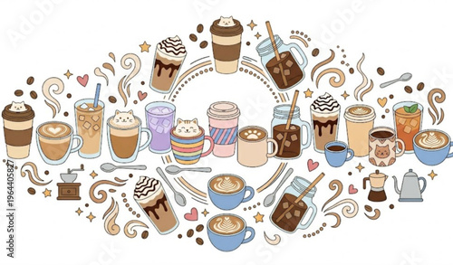 Cute coffee cups and iced beverage vector collection with cat foam latte art and cappuccino isolated on white