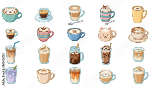 Coffee cups and iced drinks vector set with latte art and cute cat foam cappuccino illustrations isolated on white