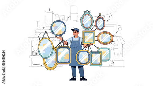 Mirror Merchant in the Market: A man, apron clad, confidently showcases an array of mirrors within a bustling market setting, celebrating artistry and craft. 
