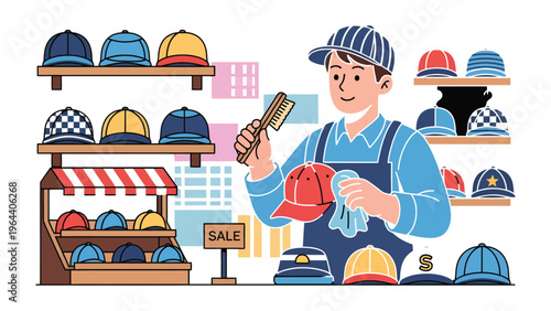 Hat Shop: A dedicated shopkeeper meticulously inspects and cleans a vibrant red hat in a cozy shop surrounded by various hats on display.