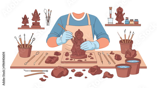 Artisan Crafting a Statue: A skilled artisan meticulously sculpts a clay statue with precision, surrounded by tools of the trade, demonstrating the art of pottery and craftsmanship.