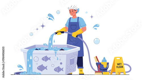 Fishmonger's Duty: A skilled fishmonger diligently cleans and prepares the day's catch, ensuring freshness and hygiene for customers.