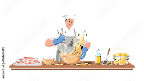 Culinary Maestro at Work: A skilled culinary professional is diligently crafting a dish, surrounded by fresh ingredients and essential tools. Focus on the art of cooking.