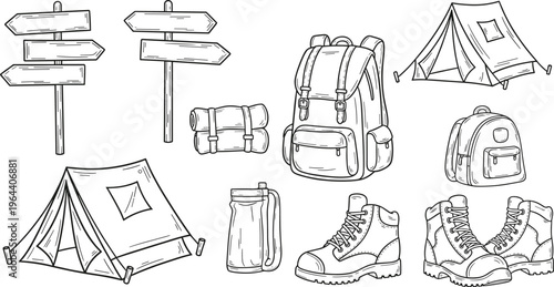 Hand-Drawn Camping Gear Set with Tents, Backpack, Hiking Boots, Signposts, and Outdoor Equipment for Adventure and Travel Illustrations.