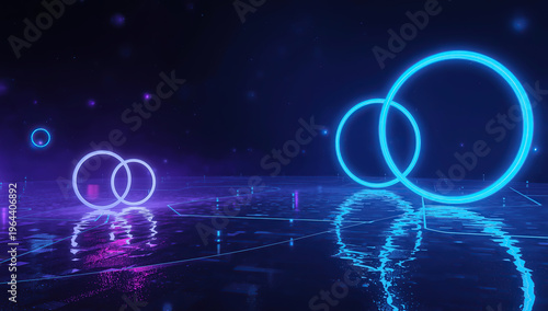 Ultra-modern futuristic technology background with glowing neon rings, blue and purple cyber light, volumetric lighting, glossy reflections, and cinematic sci-fi atmosphere