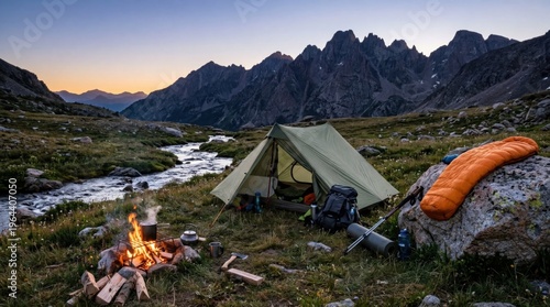 A wild camping scene high in an alpine meadow, a single lightweight tent pitched beside a snowmelt stream, a small fire just lit for morning coffee, a sleeping bag draped over a boulder drying in