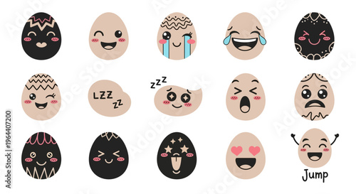 A set of colorful, kawaii decorated Easter egg characters with cute faces and different expressions on a white background, ideal for sticker packs, social posts, and printable kids' designs