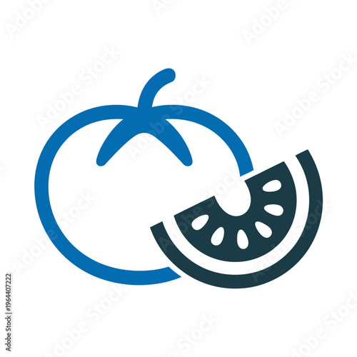 A blue vector icon of a tomato with a slice of watermelon beside it