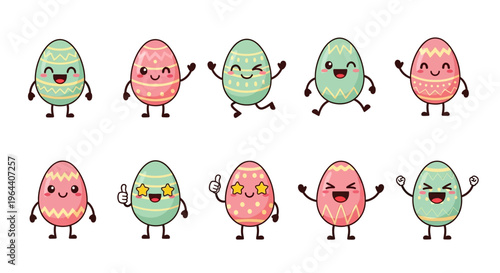A set of cute, colorful Easter egg mascots with different expressions and poses, ideal for sticker packs, social posts, or printable kids' designs on Easter day