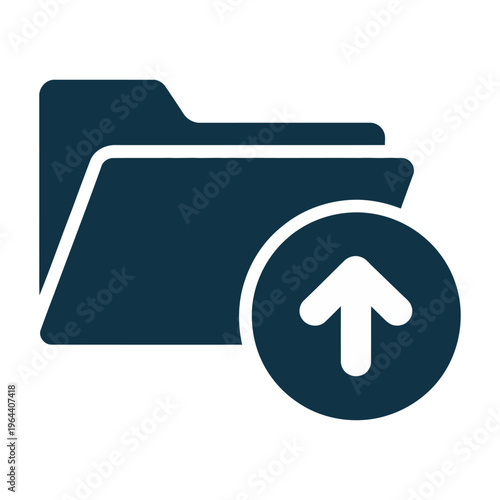 A dark blue vector icon of a file folder with an upload symbol indicating data transfer