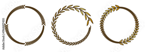ナチュラルな麦と月桂樹モチーフのクラシック円形リースフレームセット 手描き風装飾で表彰やロゴデザインに使えるエレガント素材