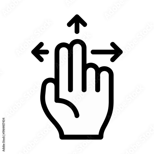 A black and white vector illustration of a hand with three fingers extended surrounded by arrows
