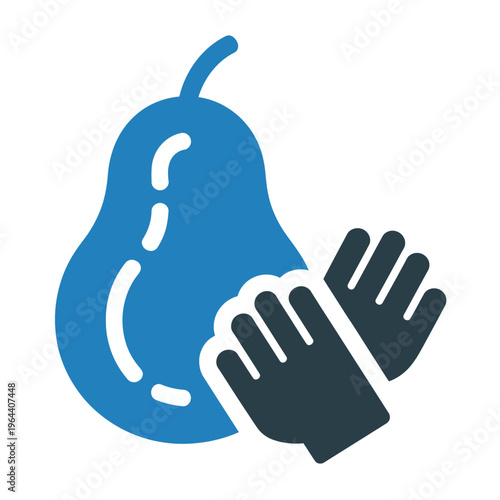 A vector illustration of a hand wearing a glove holding a large blue pear