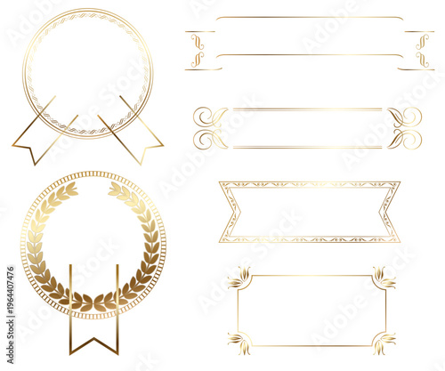 高級感あふれるゴールド装飾フレームとリボン見出しデザインセット、エレガントなクラシックライン装飾素材集