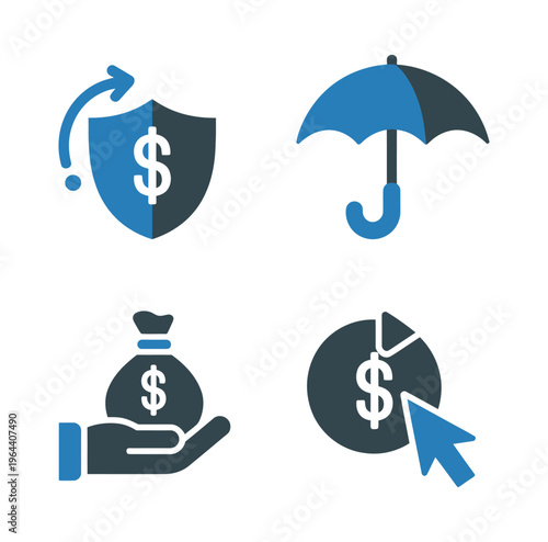 Four vector icons showing financial concepts with a shield, umbrella, money bag, and pie chart