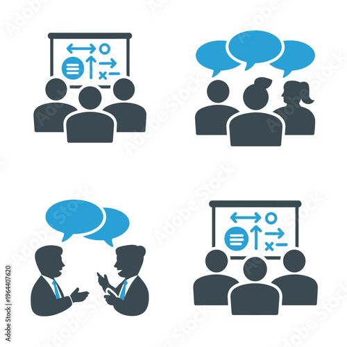 A vector illustration depicting various business interactions and presentations involving multiple people