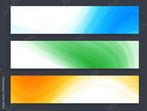 青・緑・オレンジのグラデーションが美しく流れるシンプルで使いやすい横長バナーデザインセット、Webヘッダーや広告素材に最適な抽象背景