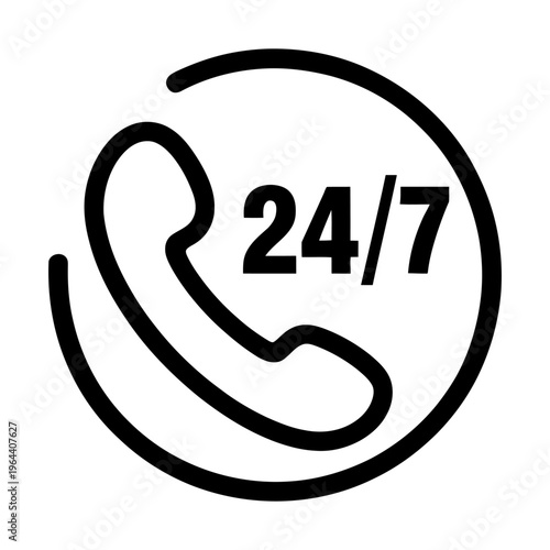 A black and white vector icon showing telephone support available 24 hours a day