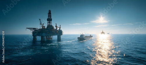 Offshore oil rig platform deep sea exploration industrial petroleum extraction ocean waves with ship at sunrise dramatic sky cloudy atmosphere