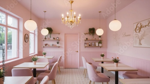 Cafeteria Background with Elegant Chandelier and Pastel Pink Wall