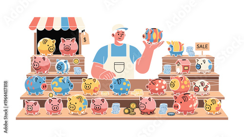 Piggy Bank Display: A vendor proudly showcases a vibrant array of uniquely designed piggy banks, symbolizing financial savings and the art of money management. 