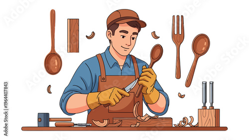 Crafting a Wood Masterpiece: A skilled craftsman, with meticulous care, is carving a wooden spoon in his workshop, demonstrating the artistry of wood.