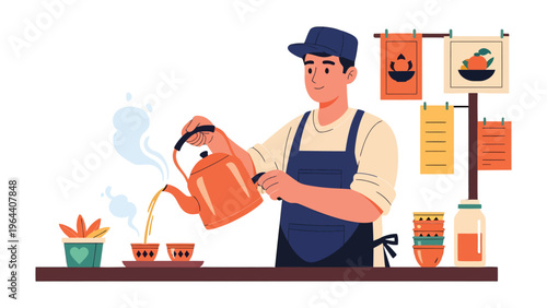 Serene Tea Pouring Ceremony: A tea artisan, focused and graceful, pours steaming tea from a kettle into small cups, embodying the essence of peace and refined tradition.