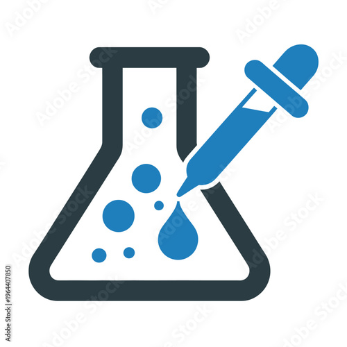 A blue vector illustration of a laboratory flask with a dropper releasing fluid inside