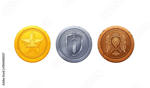 Collection of Three metal coins with symbols.