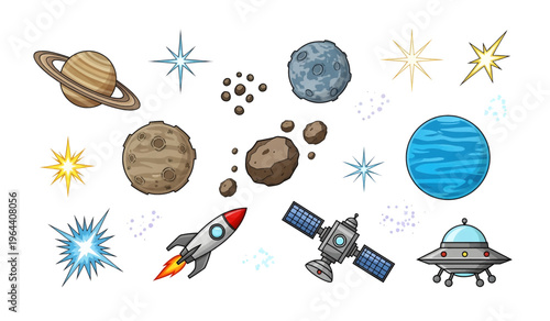 Collection of Space objects and celestial bodies illustration.