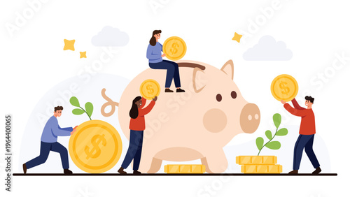 Group of people putting coins into a large piggy bank symbolizing savings, financial planning, investment, and money management, isolated on white background vector illustration
