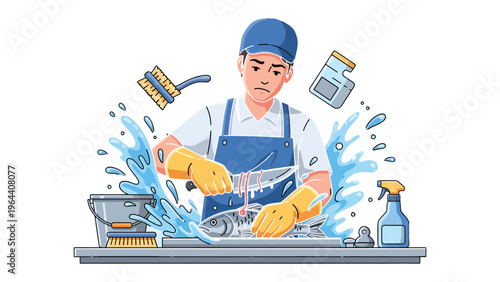 Dishwashing Duty: A focused individual in uniform diligently cleans dishware in a commercial kitchen setting.  A depiction of sanitation and hygiene practices.