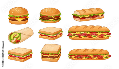 Collection of Variety of sandwiches on display.