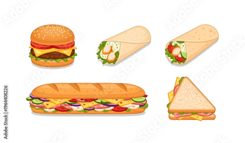 Collection of Variety of sandwiches and wraps food.