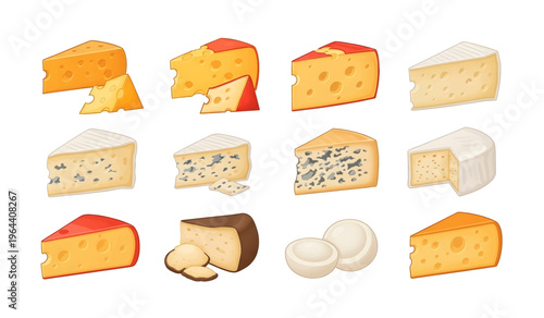 Collection of Variety of cheese types displayed.