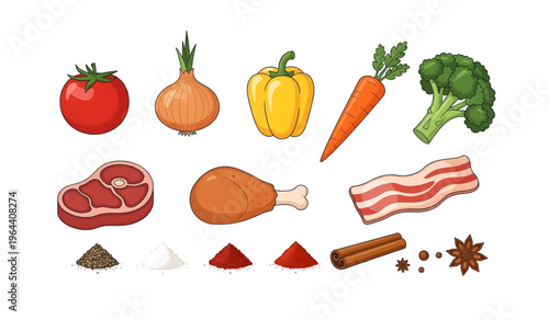 Collection of Fresh vegetables and meat ingredients.
