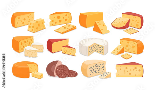 Collection of Variety of cheese types displayed.