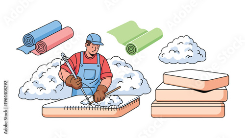 Crafting a New Beginning: A skilled artisan meticulously works on a mattress, surrounded by the essential materials needed to craft a new beginning for comfort and rest.