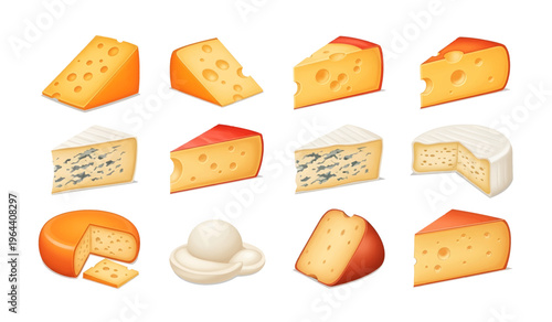 Collection of Variety of cheese types and cuts.